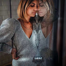 Elegante Frauen Pailletten Tops 2021 Frühlingsmode Damen Vintage Silber Top Party Weibliche Sexy V-Ausschnitt Tops Femme Mädchen Chic Kleidung