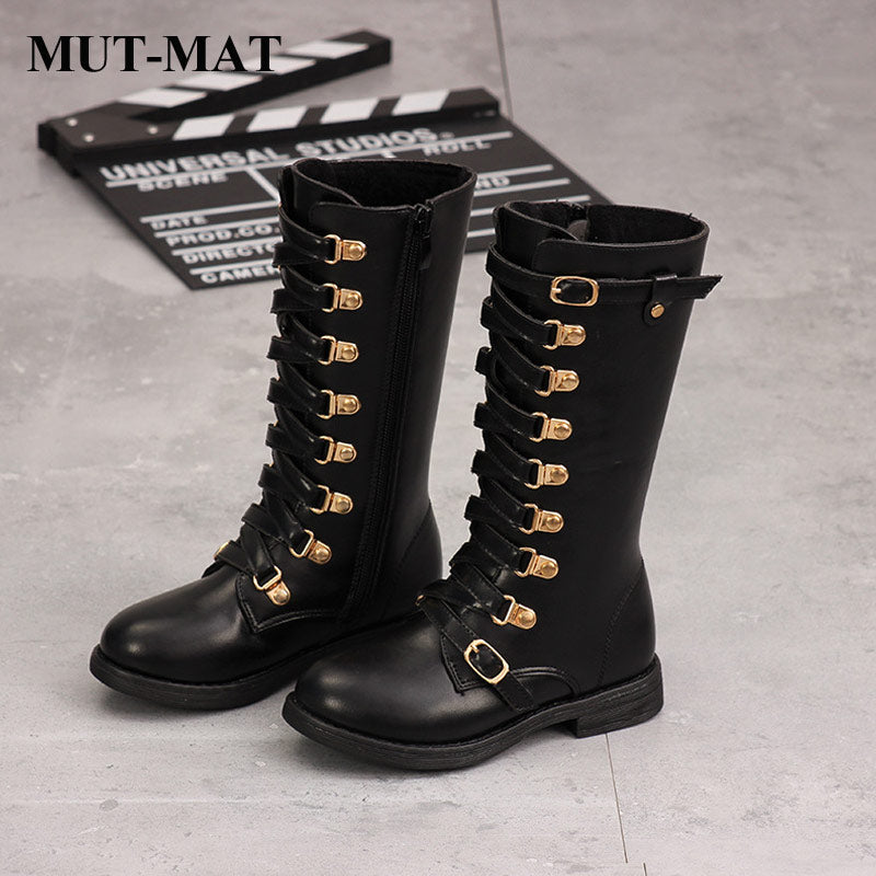 Children Boots Girls Warm Fashion Metal button Knee-high Boots Quality Leather Waterproof Warming High-top Plush Boots