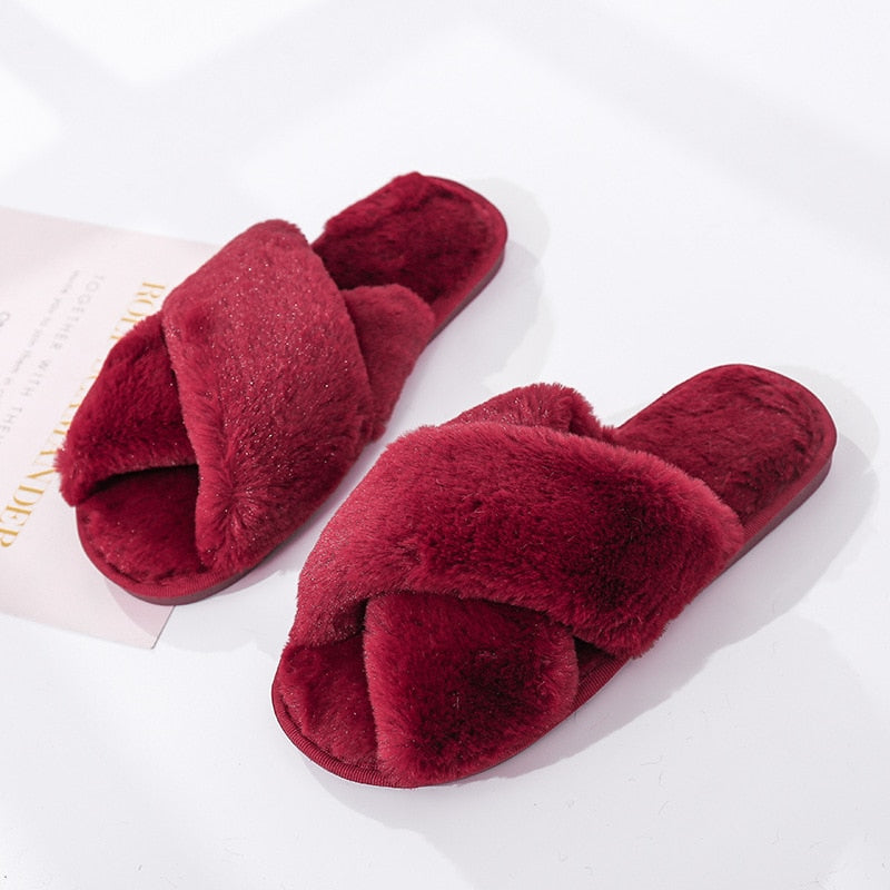 Winter Women House Slippers Cross Faux Fur Ins Fashion Warm Shoes New Indoor Warm Cotton Slippers Thickened Leak-Toe Fur Slides