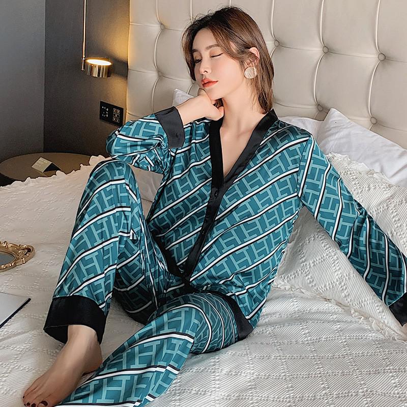 Pajamas Suit Women Satin Print Nightwear Casual 2PCS Pyjamas Set Sleepwear V-Neck Intimate Lingerie Nightgown Comfy Home Wear