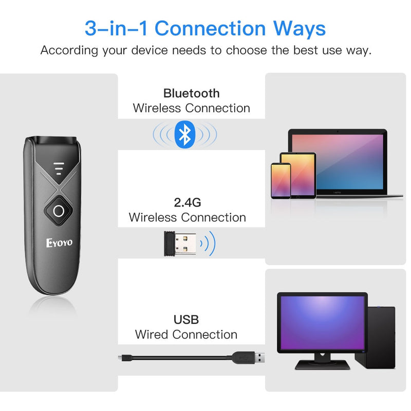 Eyoyo EY-015 Mini Barcode Scanner USB Wired Bluetooth Wireless 1D 2D QR PDF417 Bar Code for IPad IPhone Android Tablets PC