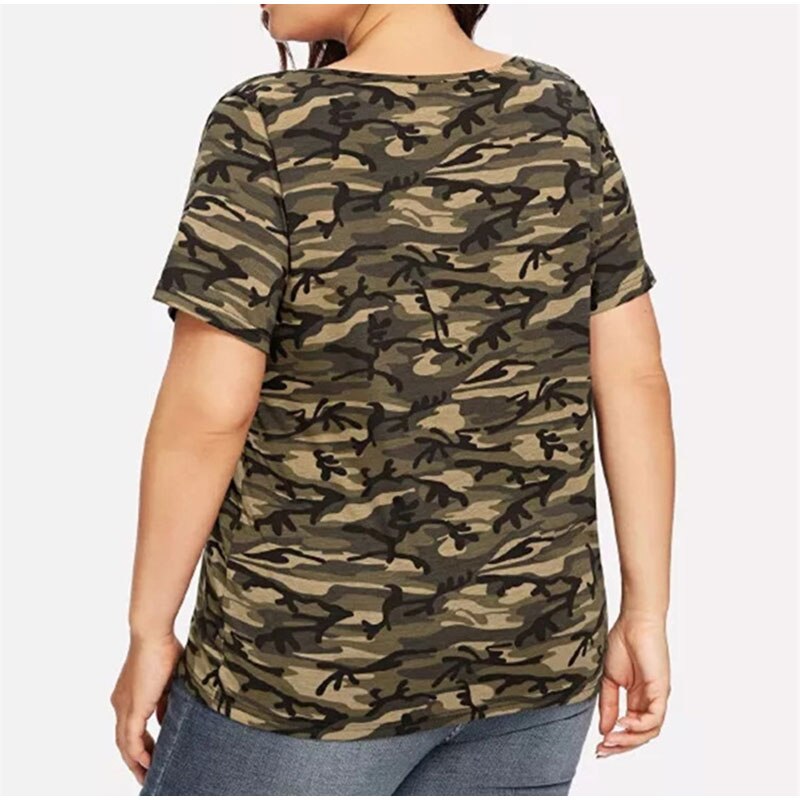 Plus Size Ripped Hollow Out Camouflage Printing Tees 3XL 4XL Women Summer Streetwear Lace Up Short Sleeve T-Shirts Tops