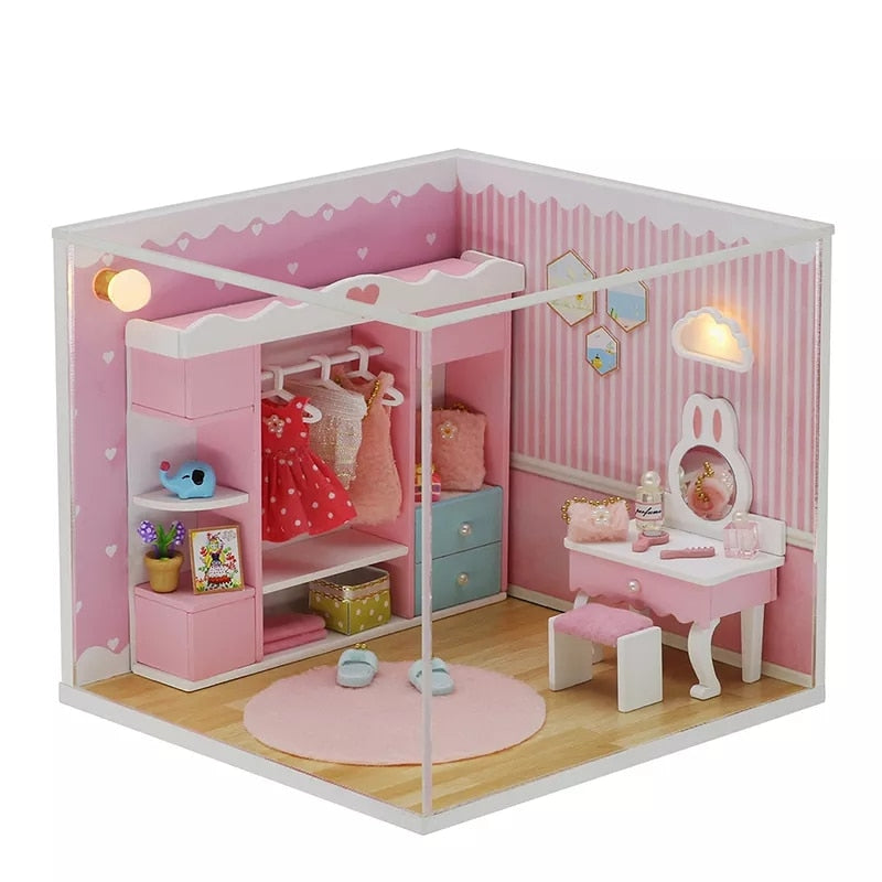 Cutebee DIYHouse miniatura con muebles LED música polvo cubierta modelo Juguetes De bloques De construcción para niños Casa De Boneca