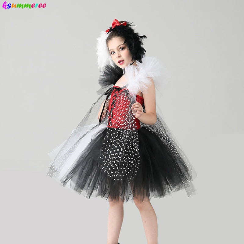 Evil Madame Cruella De Ville Kids Tutu Costume Dalmatians Girls Halloween Fancy Tutu Dress with Headband Polka Dot Girl Outfit