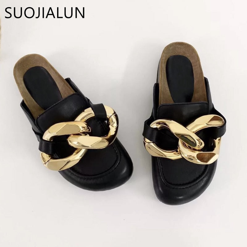 SUOJIALUN Brand Design Women Slipper Fashion Big Gold Chain Sandals Shoes Round Toe Slip On Mules Flat Heel Casual Slides Flip F