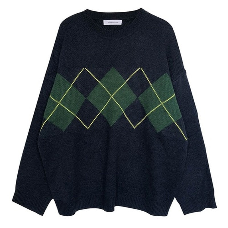 Knitted Sweaters Women Casual Pullover Fashion Argyle Sweater Winter College Style Loose Top Woman Jumper Sueter De Mujer 2021