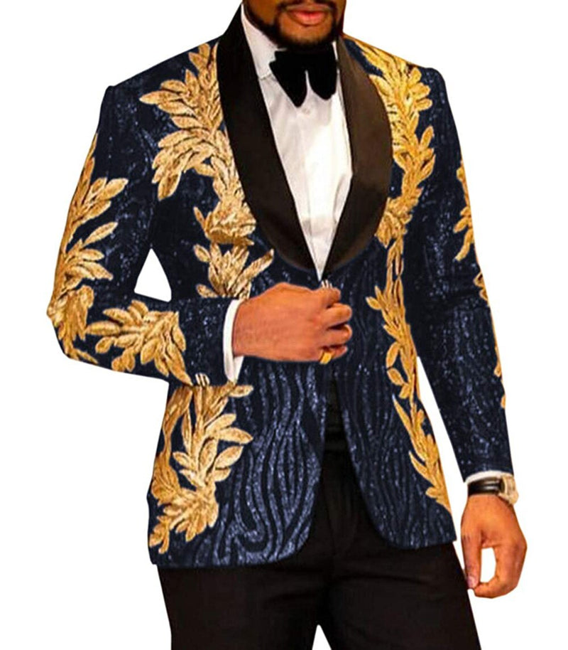 2 piezas Slim Fit hombres lentejuelas brillantes oro apliques trajes graduación esmoquin novios chaqueta boda fiesta trajes conjunto (Blazer + Pantalones)