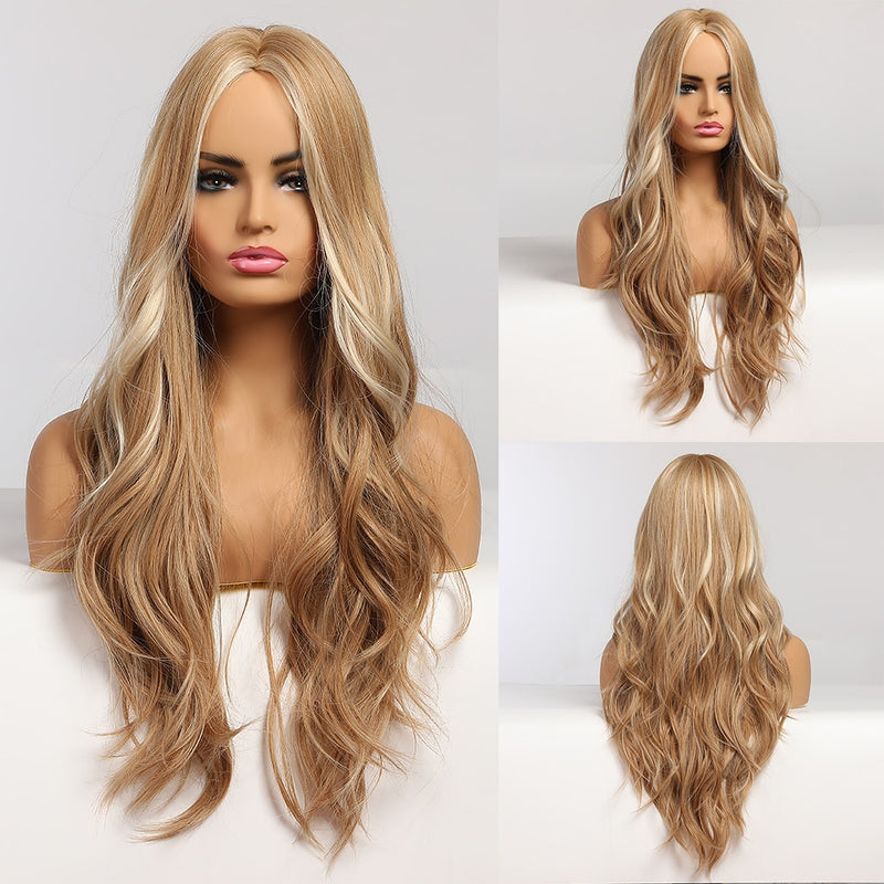 EASIHAIR Long Body Wave Light Brown Wigs with Blonde Highlights Middle Part Cosplay Heat Resistant Synthetic Hair Wigs for Women