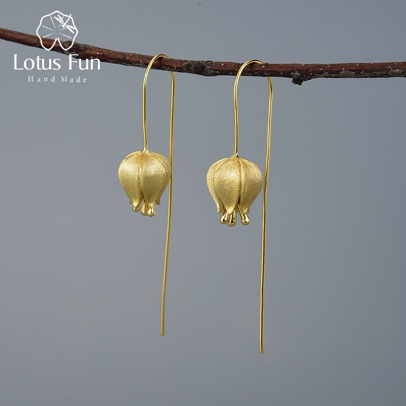 Pendientes colgantes de flor de tulipán de amor eterno de Lotus Fun, pendientes de joyería fina hechos a mano de Plata de Ley 925 auténtica para mujer, bisutería