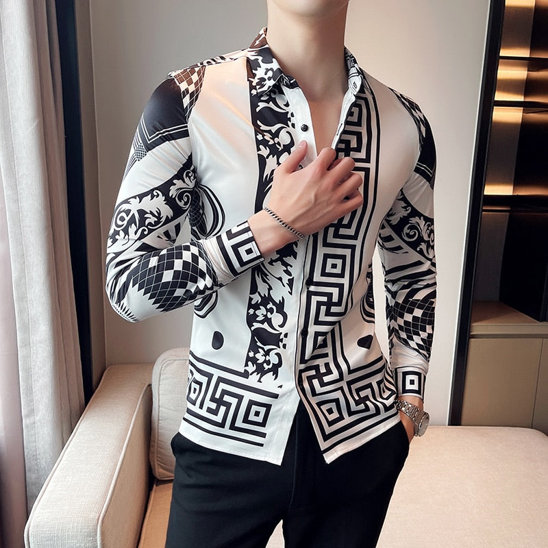 Luxury Long Sleeve Mens Baroque Shirts Dress Autumn Party Prom Wear Slim Fit Male Brand Clothing Striped Print Casual Shirt Men