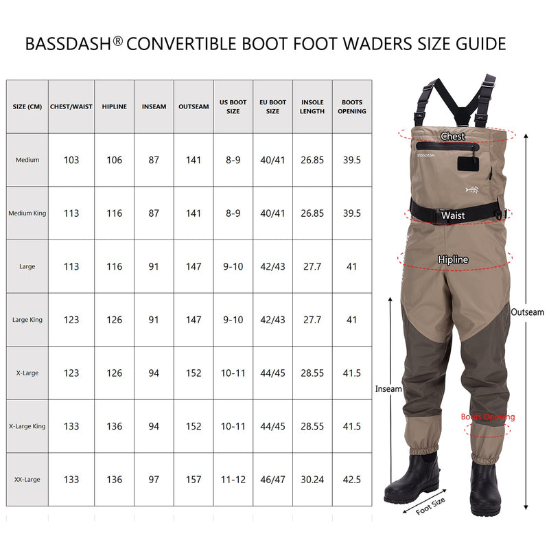 Bassdash Men’s Breathable Lightweight Chest and Waist Convertible Waders for Fishing Hunting, Stocking Foot and Boot Foot Waders