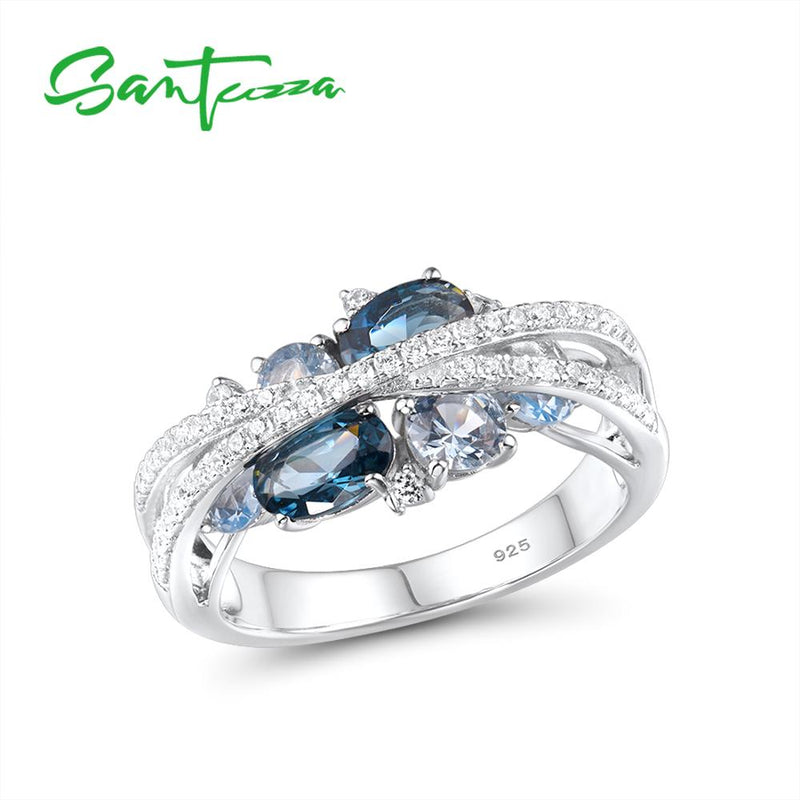 SANTUZZA Silver Rings For Women Genuine 925 Sterling Silver Shimmering Blue Spinel Cubic Zirconia Trendy Luxury Fine Jewelry