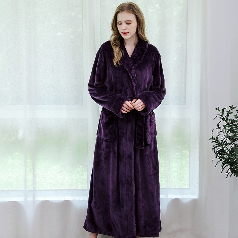 Women Men Winter Plus Size Flannel Robe Extra Long Hooded Warm Bathrobe Lovers Thick Kimono Bath Robe Male Dressing Gown Robes