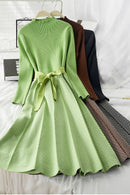 ALPHALMODA, vestido de punto acampanado con cuello alto para mujer, novedad de 2019, vestido de punto con fajas elegantes a rayas de flecha gruesa para mujer