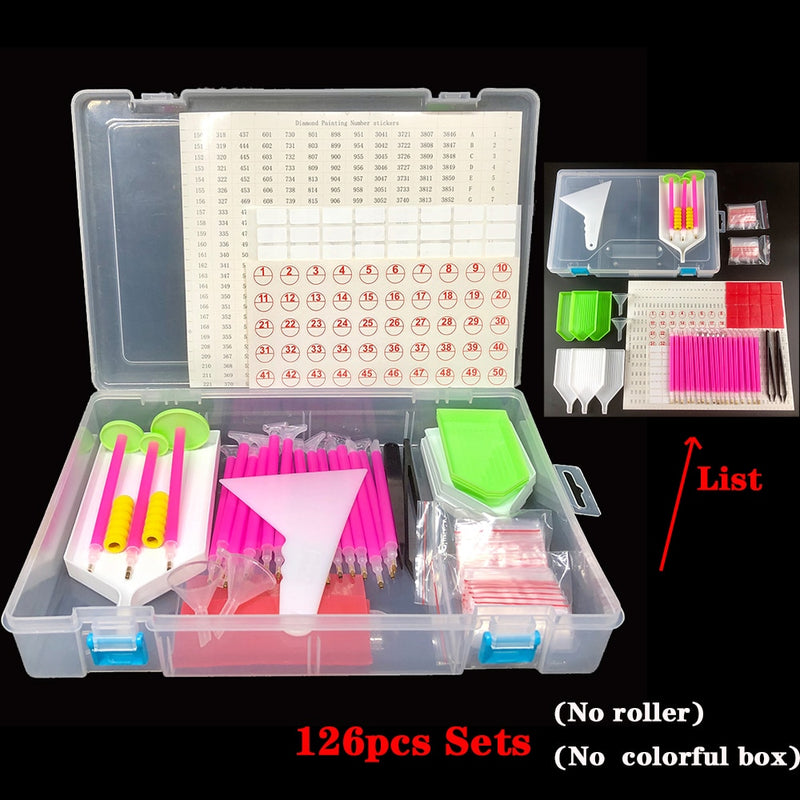 126/127/128pcs Diamant-Malwerkzeug-Sets 5D Diamant-Malerei-Zubehör-Kits Aufbewahrungsbox Roller Point Sticker Drill Pen Set