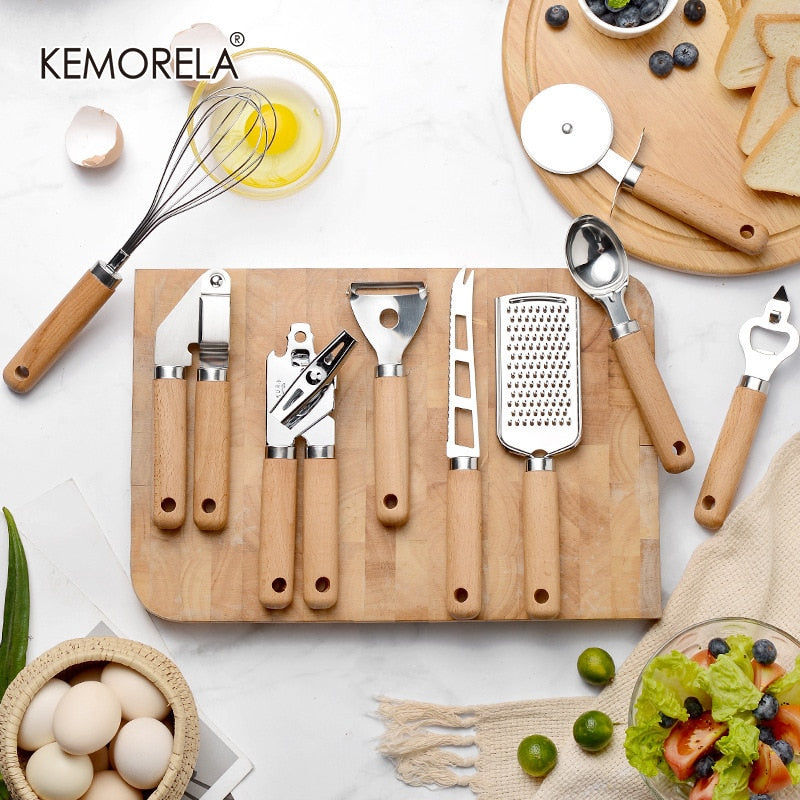 Kitchen Gadgets Wooden Handle Small Kitchenware Stainless Steel  Opener Baking Pizza Skin-Peeler Cheese Knife  Kitchenware Set