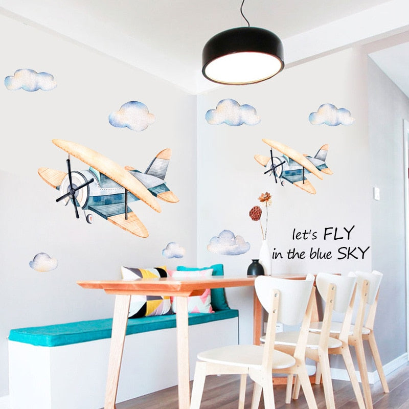 Fly in the sky Wall Stickers for Kids room Bedroom Eco-friendly Vinyl Wall Decals Cartoon Airplane Wall Murals Home Decoration