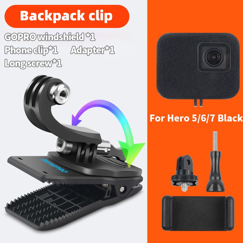 Para accesorios Go Pro, mochila con rotación de 360 ​​grados, abrazadera de Clip para GoPro Hero11 10 9 8 7 6 5Xiaomi yi para teléfono SJCAM SJ4000