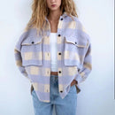Stylish Sweet Plaid Woolen Shirt Jackets Women Fashion Pockets Turn-down Collar Check Jacket Cute Girls Chic Coat Streetwear