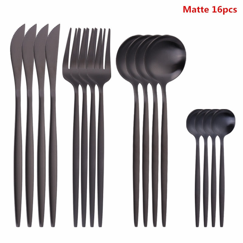 Black Tableware Forks Knives Spoons Cutlery Dinner Set Stainless Steel Cutlery Set Kitchen Flatware Set 16Pcs Luxury Dinnerware
