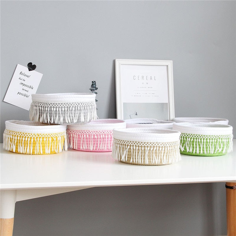 Cotton Rope Storage Baskets Nordic Style Tassel Handmade Woven Dirty Clothes Laundry Basket Desktop Sundries Organizer Hamper