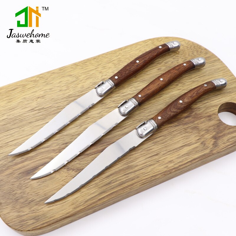 Jaswehome Set aus 6 Steakmessern aus Edelstahl, Tafelgeschirr, Steakmesser mit Massivholzgriff, Laguiole-Besteckmesser-Set