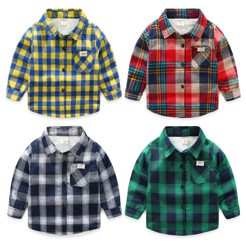 Ropa para niños, novedad de invierno, camisas a cuadros para bebés y niñas, camisas informales de terciopelo grueso de algodón de manga larga para niños