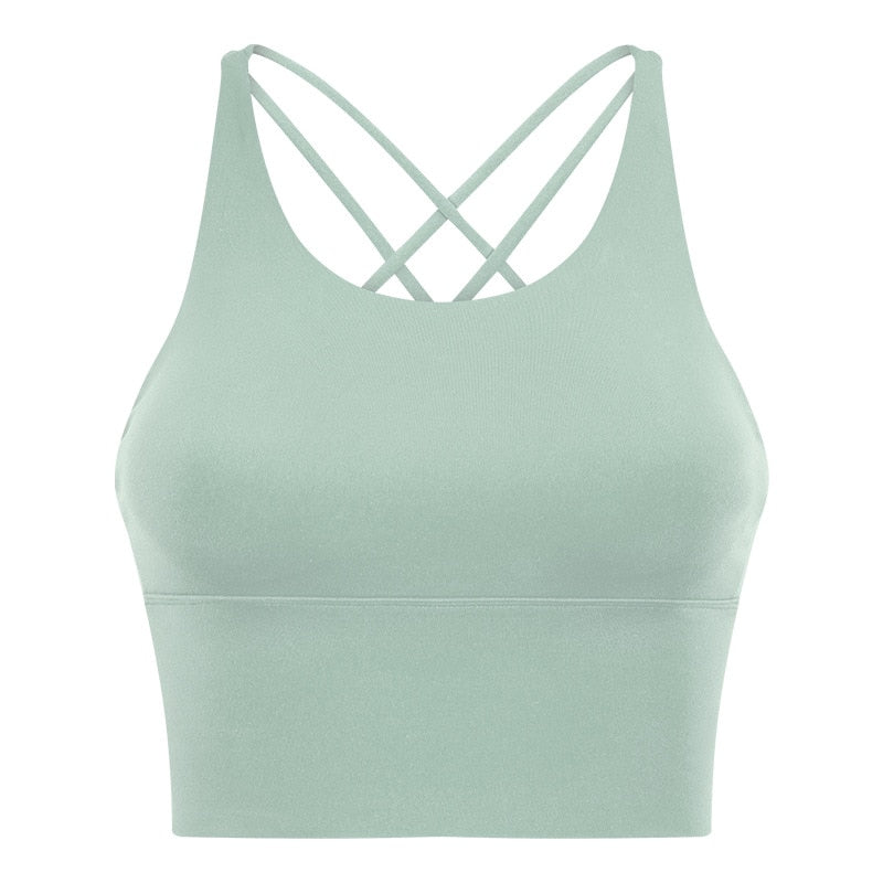 Solid Spaghetti Straps Cross Back Yoga Gym Crop Top Women Running Sport Bra Padded Activewear Exercise Fitness Cropped Tank Tops