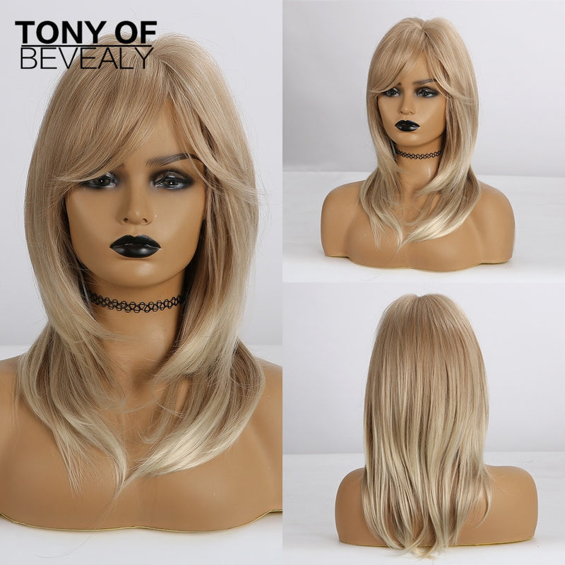 Mittlere Länge Ombre Braun bis Blonde glatte Haare Perücken mit Pony Synthetische Perücken für Frauen Cosplay Hitzebeständige natürliche Perücken