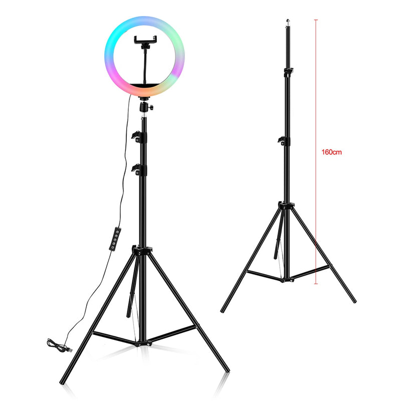 Anillo de luz RGB02 de 10 pulgadas, 26cm, 33cm, 20cm, luz LED arcoíris con soporte para trípode, juego RGB regulable de 1,6 M para vídeo corto, YouTube en vivo