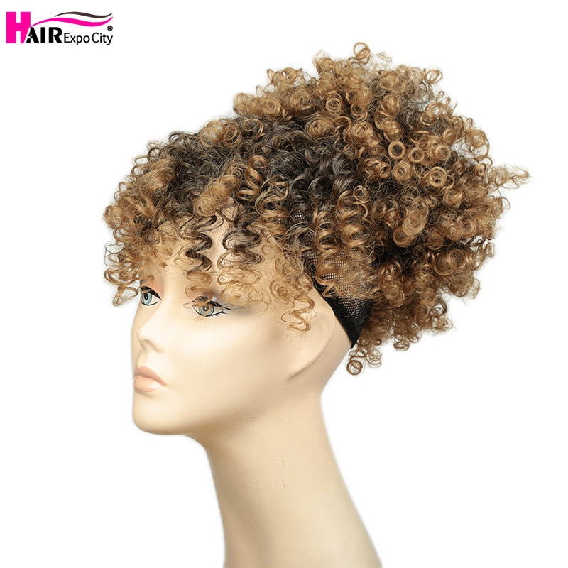 Short Kinky Curly Chignon With Bangs Synthetic Hair Bun Drawstring Ponytail Afro Puff Hair pieces For Women Clip Hair Extension