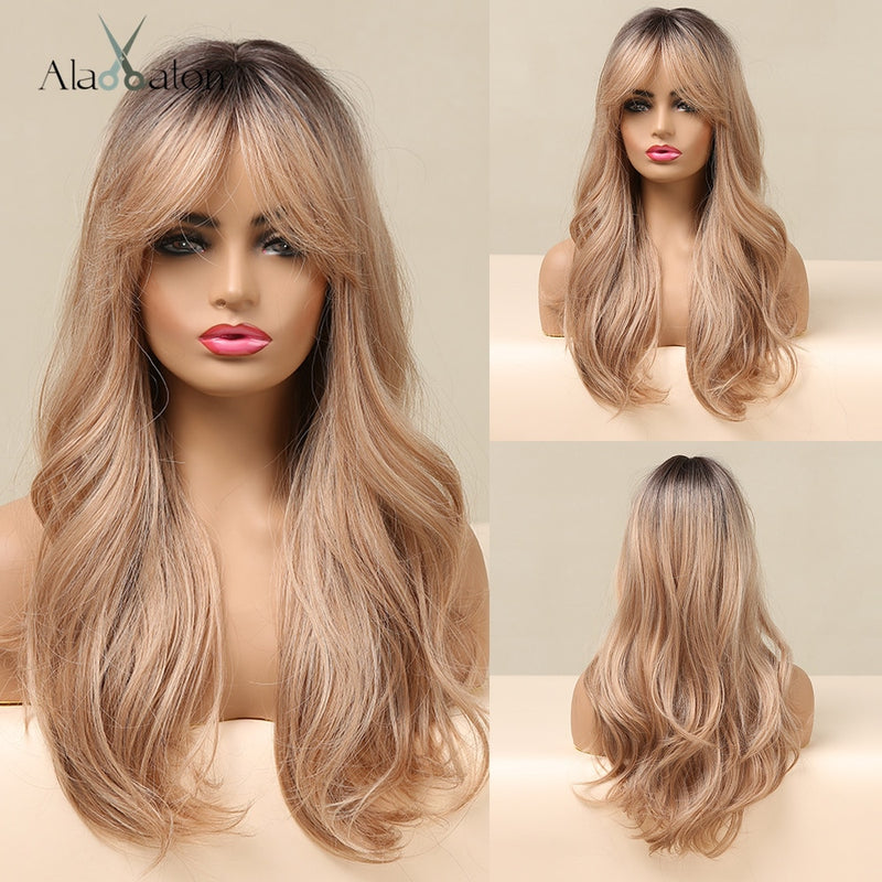 ALAN EATON Long Ombre Black Brown Blonde Wigs with Bangs Heat Resistant Synthetic Wave Wigs for Women African American Cosplay