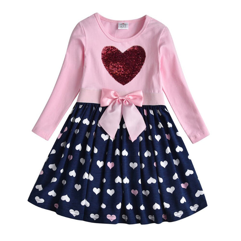 VIKITA Girls Cotton Dress Kids Cartoon Appliqued Vestidos Children Casual Wear Clothes Girls Long Sleeve Patchwork Dresses