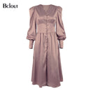 Bclout, elegante vestido camisero de satén con una sola botonadura, moda Beige, ajustado, cuello en V, vestidos largos para mujer, manga larga, bata de otoño e invierno