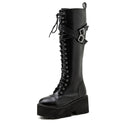 Gdgydh Mode Frauen Stiefel Cross Strap PU Leder Herbst Winter Kniehohe Stiefel Damen Dicke Sohle Plateauschuhe Punk Gothic