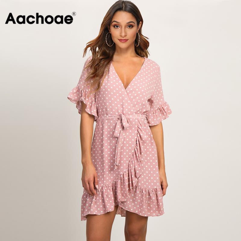 Aachoae, vestido de verano 2021, estilo bohemio, vestido de playa, moda de manga corta, cuello en V, lunares, vestido de fiesta acampanado, Vestidos veraniegos