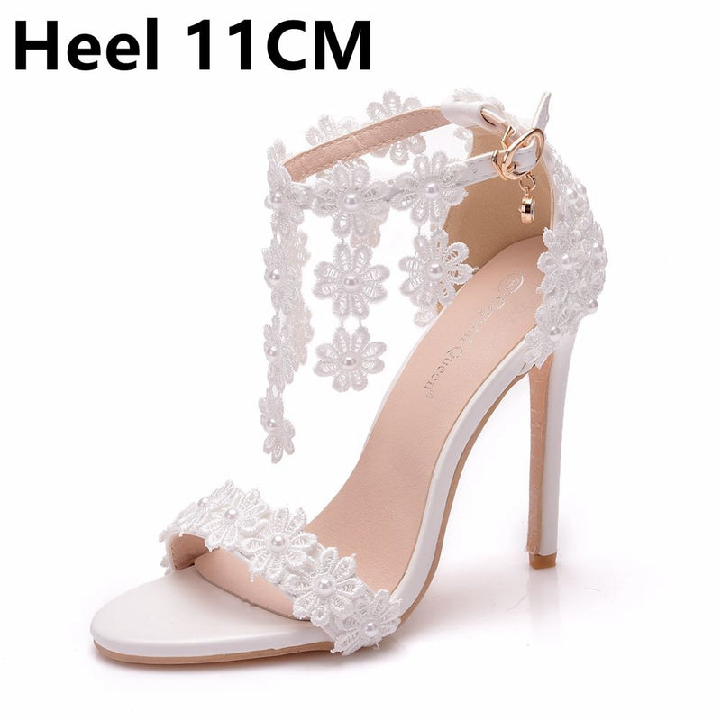 Crystal Queen Women Ankle Strap Sandals White Lace Flowers Pearl Tassel  Super Stiletto High Heels Slender Bridal Wedding Shoes