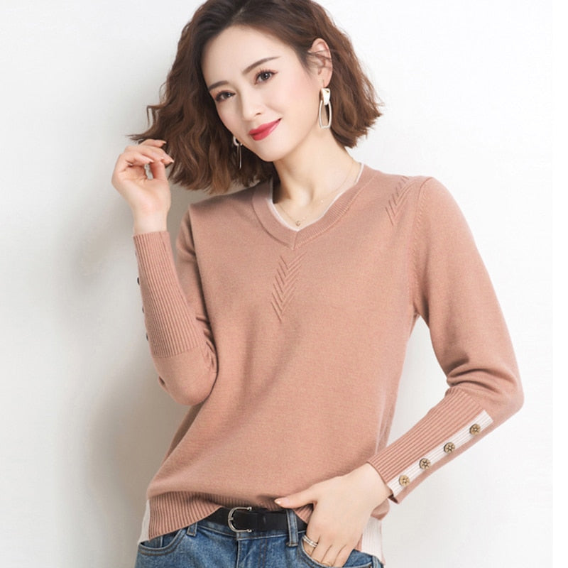 Shintimes V-Ausschnitt Knopf Frauen Pullover Langarm Slim 2022 Herbst Pullover Pullover Damenbekleidung Herbst Gestrickte Pull Femme