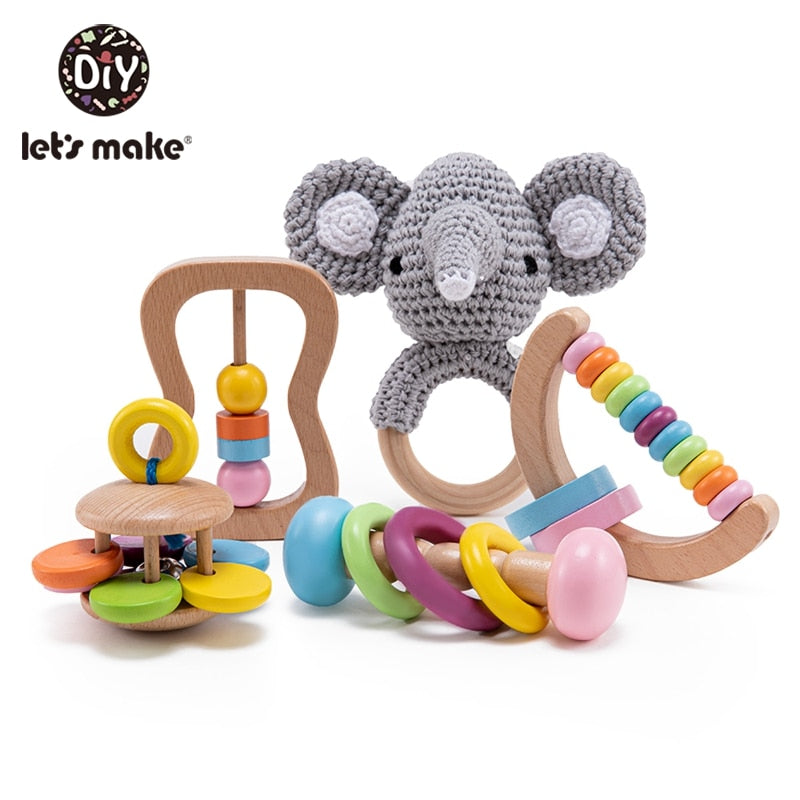 5PCS Organic Safe Wooden Toys Baby Montessori Toddler Toy Grip DIY Crochet Rattle Soother Bracelet Teether Toy Set Baby Product