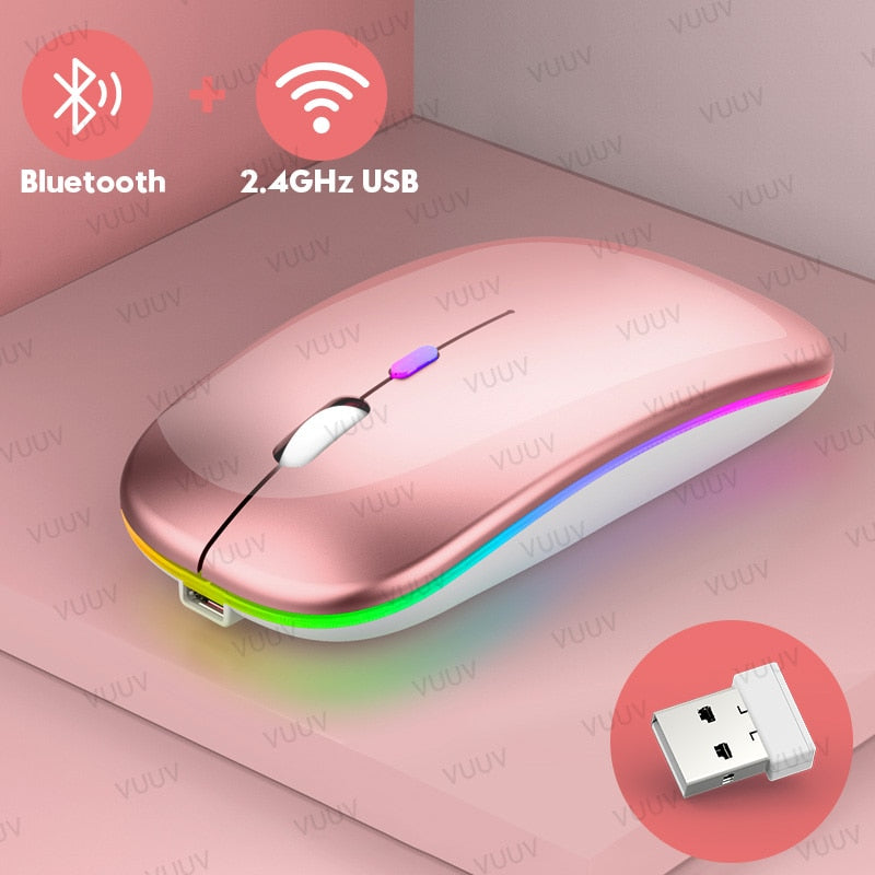 Ratón inalámbrico Bluetooth para ordenador, PC, portátil, iPad, tableta, MacBook con retroiluminación RGB, ratón USB recargable silencioso ergonómico