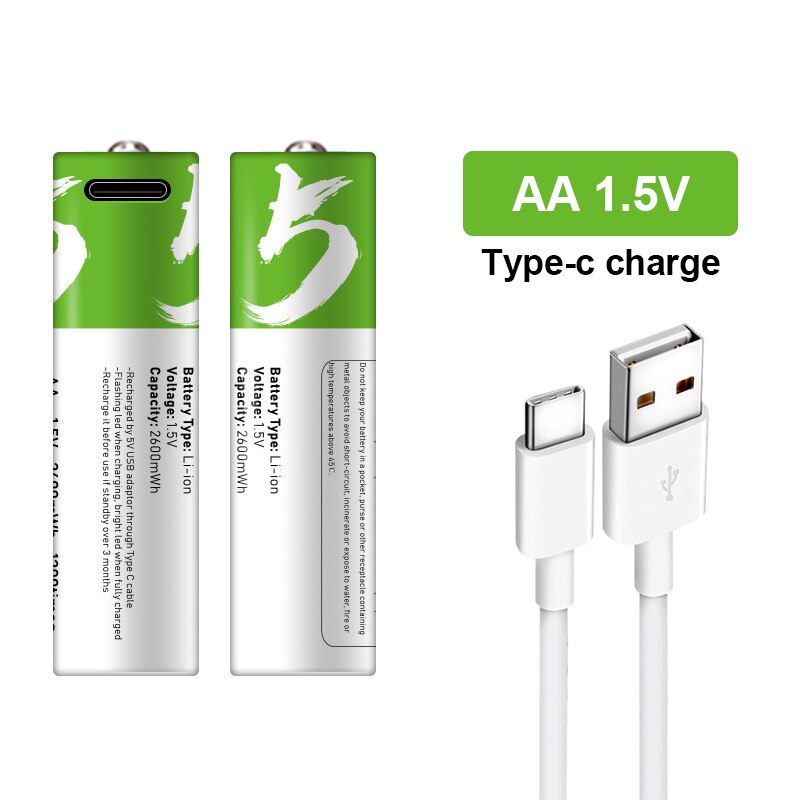 New Original AA 1.5V 2600 mWh USB rechargeable li-ion battery for remote control mouse small fan Electric toy battery + Cable