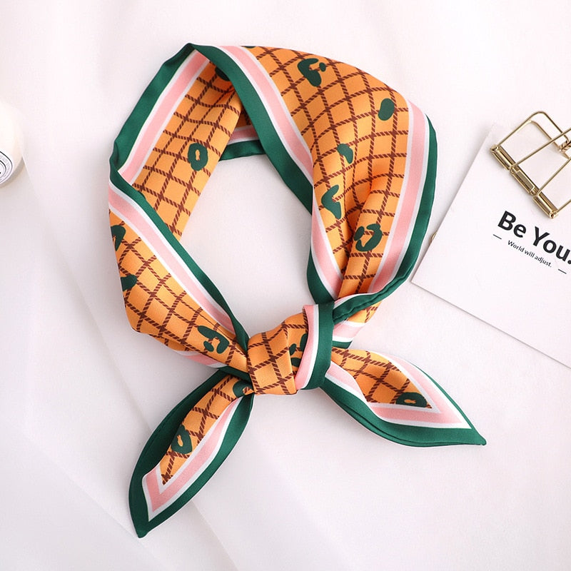 Sweet Love Print Women Small Silk Scarf Handle Bag Ribbons Female Head Scarves Sharp angle Green  90*10cm