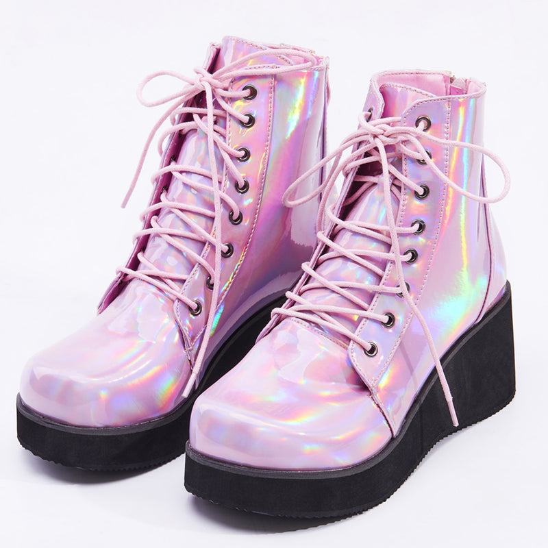 JIALUOWEI New Style Unisex Schuhe Punk Keilabsatz 7cm Pink Holographic Leder Halloween Kostüme Gothic Stiefeletten
