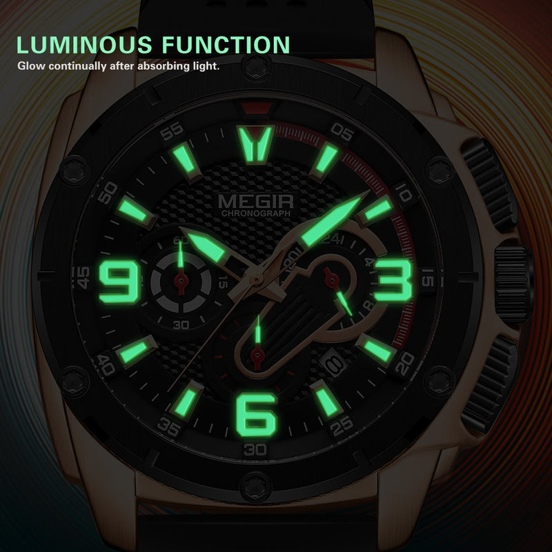 MEGIR Black Sport Watches for Men Clocks Military Army Watch Mens Silicone Chronograph Quartz Wrist Watch Man Reloj Hombre 2020