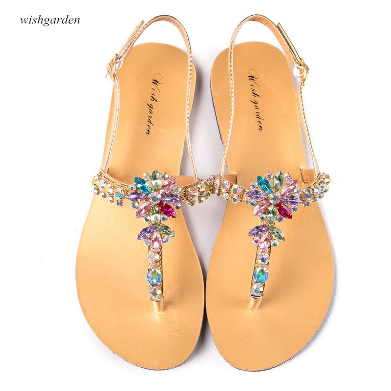 NEW Summer Women`s Beach Sandals Lady Fashion  Bohemia Diamond Shoes Female T-strap Thong Flip Flops Casual Boho Shining Slipper