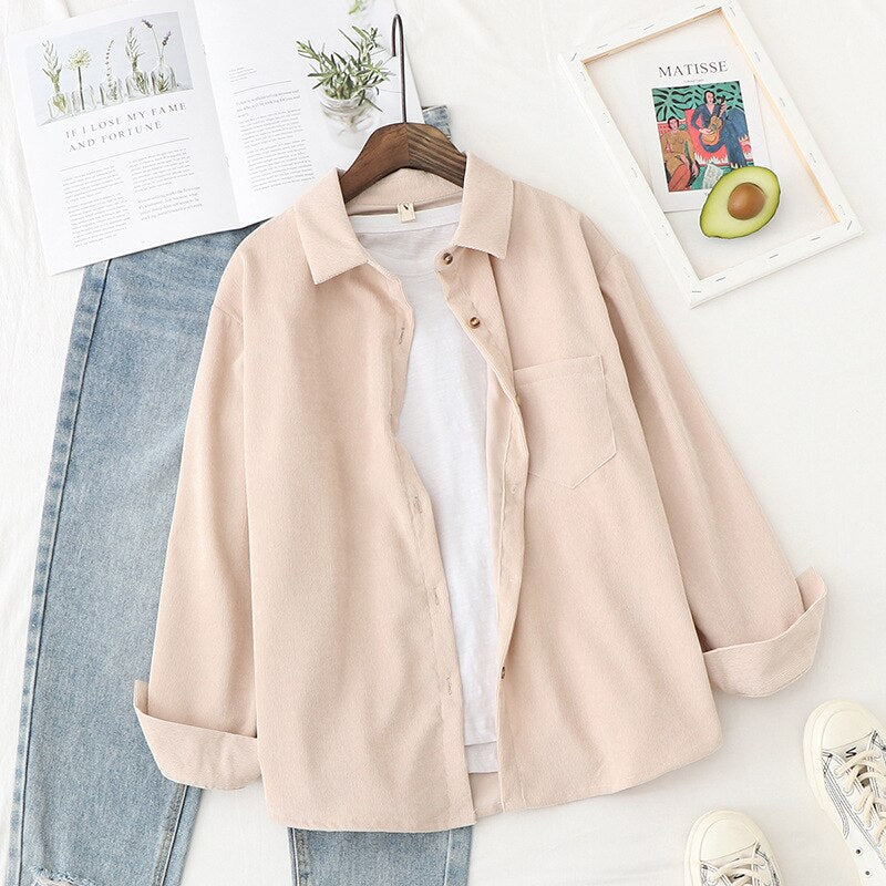 Spring Shirts Women Corduroy Blouses Loose Long Sleeve Solid Lady Tops Casual Outwear Female Clothes Autumn Jacket