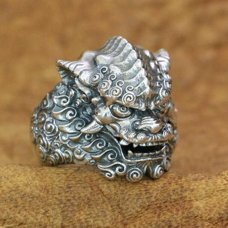 925 Sterling Silver Chinese Style Lion Ring Mens Biker Punk Ring TA210 US Size 7~15