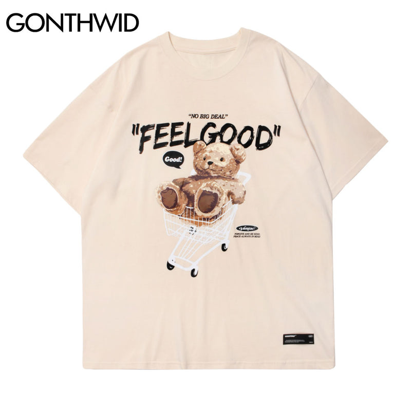 GONTHWID Short Sleeve Tees Harajuku Streetwear Toy Bear Shopping Cart Print T-Shirts Cotton Casual Hip Hop Loose Tshirts Tops