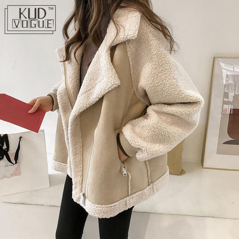 Women Winter Oversized Teddy Jacket Chic Faux Suede Fur Collar Coats Aviator Motorcycle Biker Jackets Female Lamb Wool Coat New