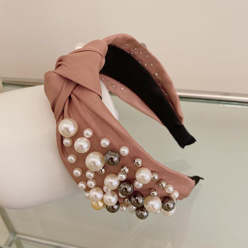 PROLY New Fashion Women Hair Accessories Wide Side Headband Mix Pearls Baroque Hairband For Adult Center Knot Headwear Wholesale